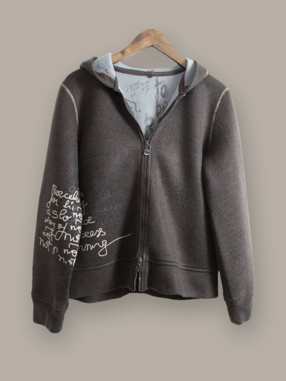 Desigual Dual Zip Graphic Script Print Knit Hoodie Size XL